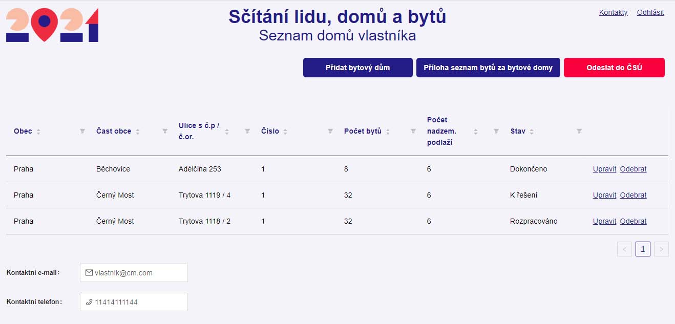 Ukázka aplikace sčítání lidu, domů a bytů - seznam domů vlastníka