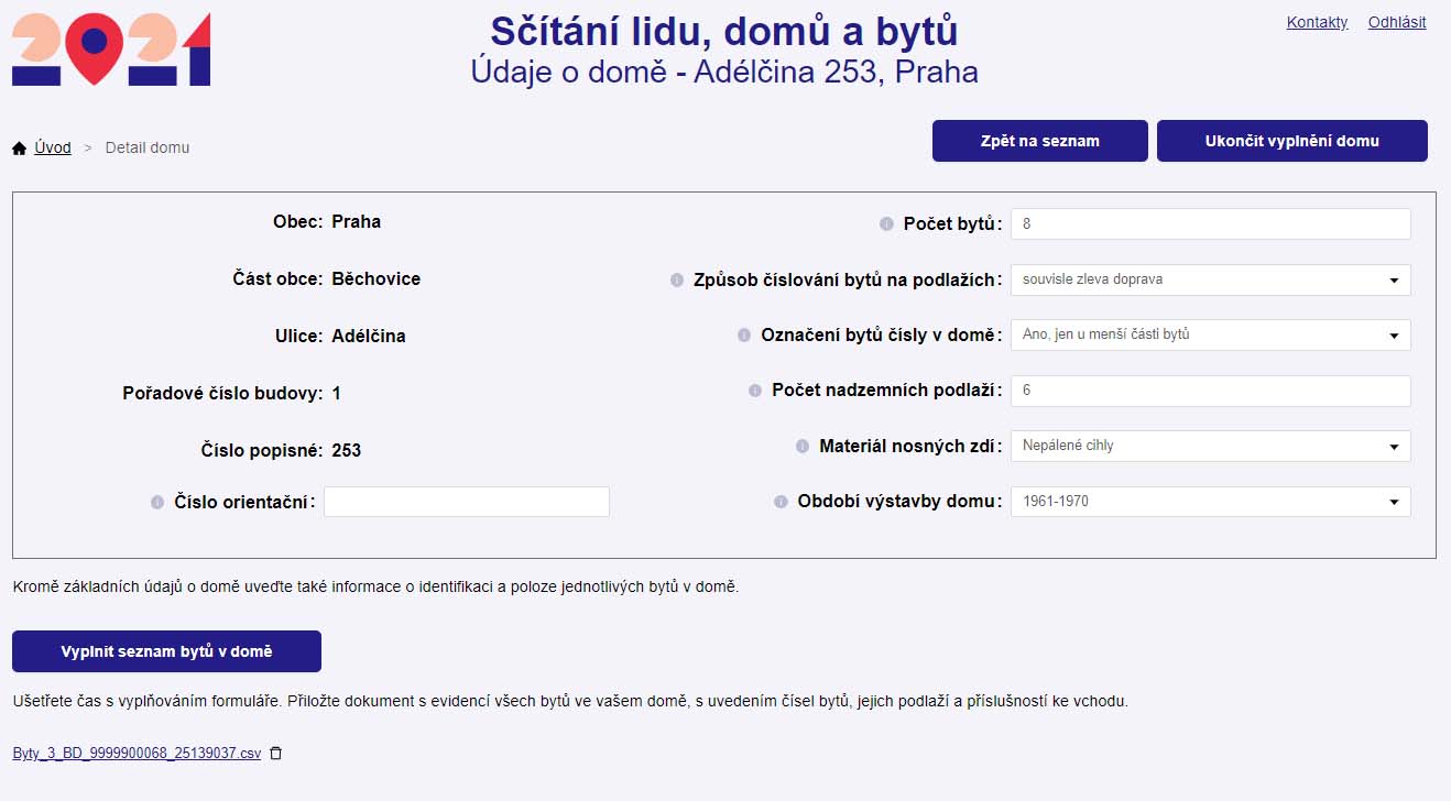 Ukázka aplikace sčítání lidu, domů a bytů - údaje o domě