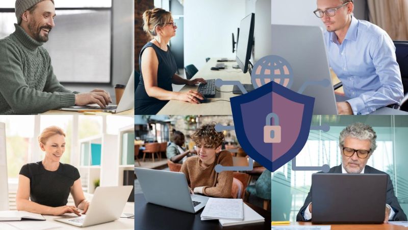 Štít a šest osob pracujících s IT prostředky